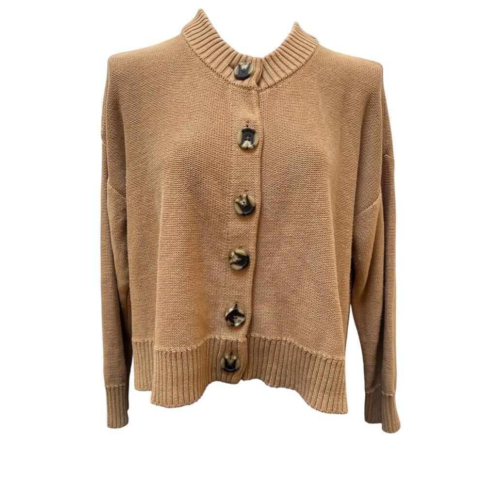 Quince Cardigan Sweater Size L Tan Brown Button Front Ribbed Collar Cozy Knit